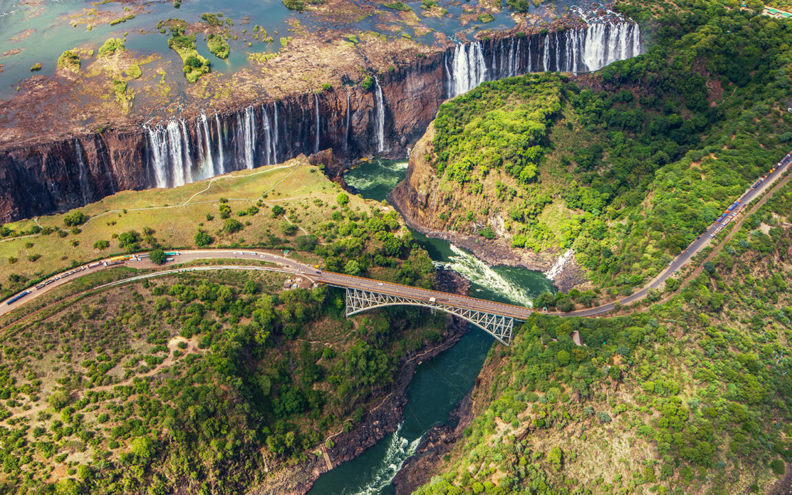 The bridge from Zambia to Zimbabwe over  Zambezi river and  Victoria falls